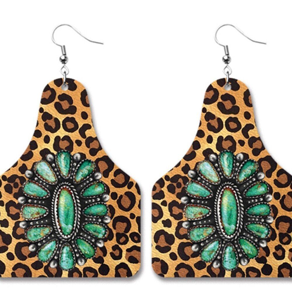 3For$20 Lepord Print Turquise Concho Cow Tag Style Retro Leather Earrings